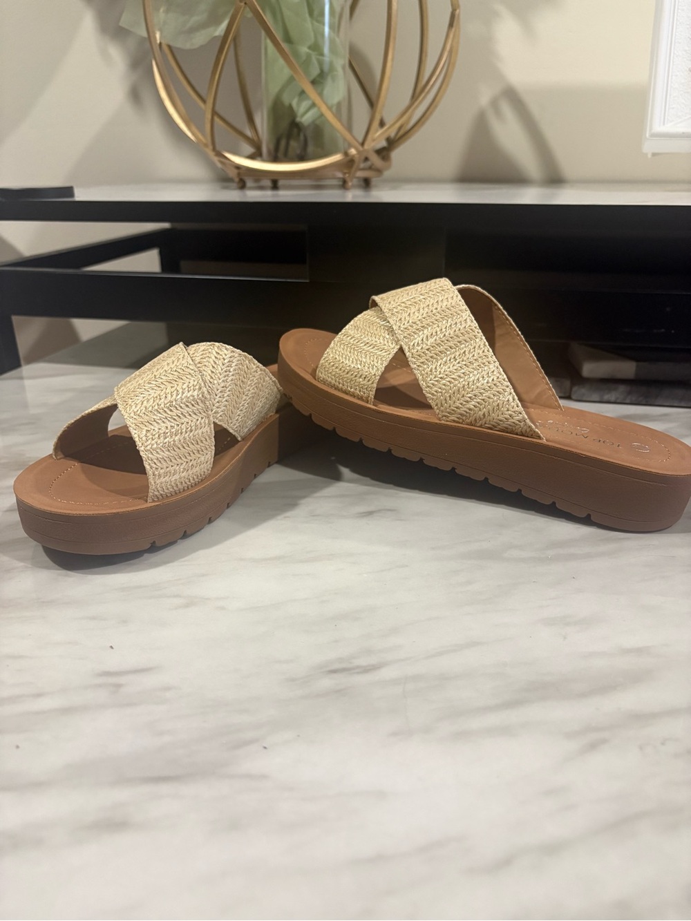 TOP Moda Woven Cross-Strap Sandals in Beige and Brown